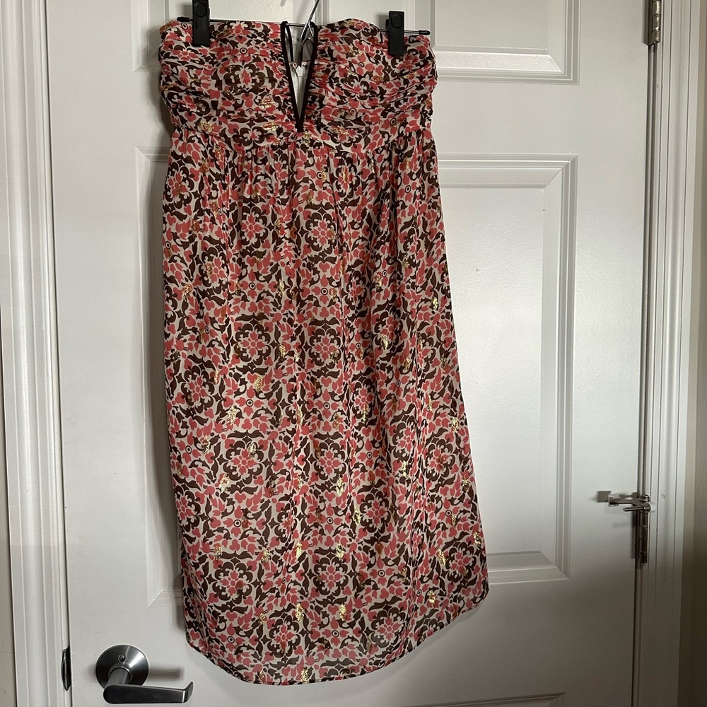 Shoshanna Pink/Brown/Gold Silk Cocktail Halter Dress